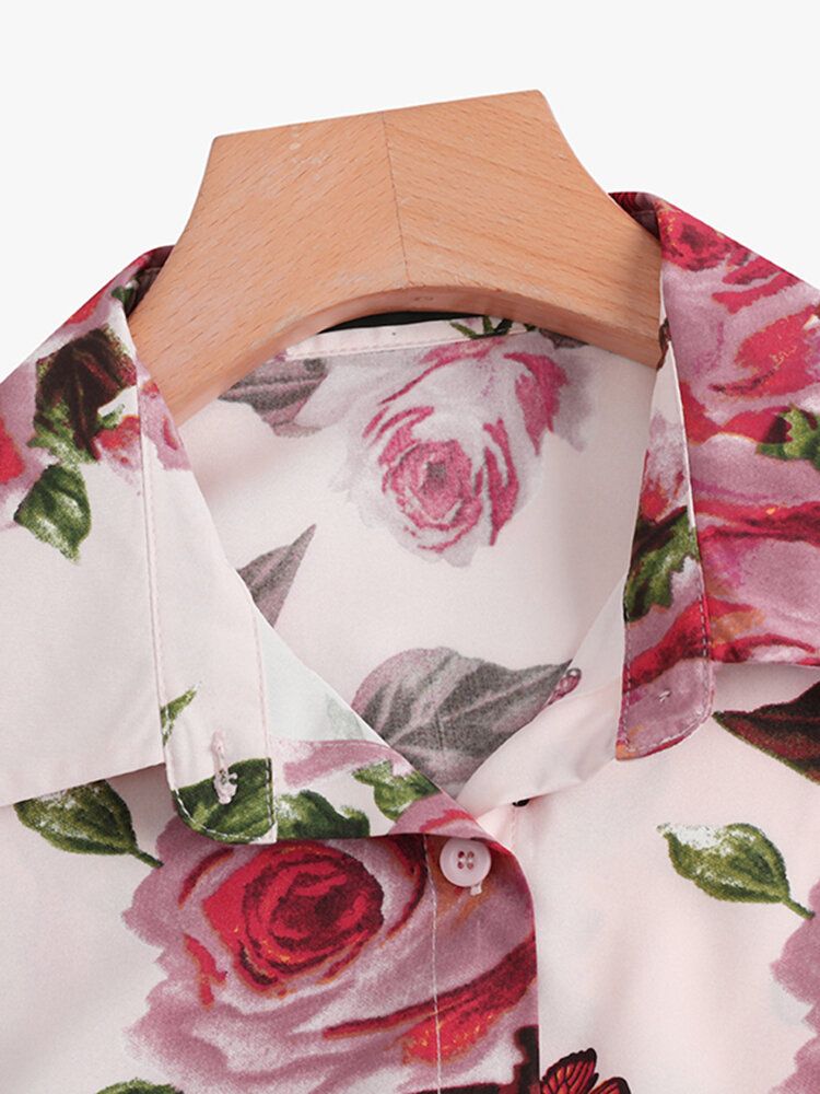 Chemise À Manches Lanterne Et Revers Fleuris À Imprimé Rose