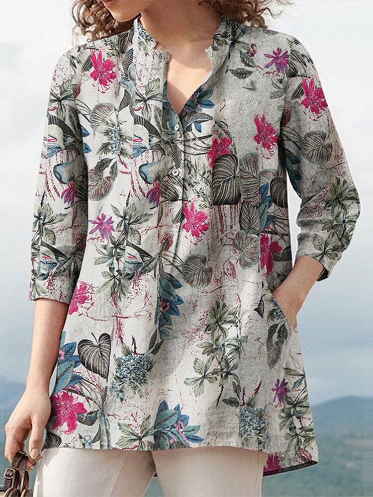 Chemise À Manches Trois-quarts Pour Femme 100 % Coton À Col En V Et À Fleurs