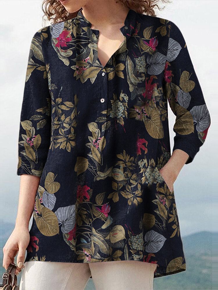 Chemise À Manches Trois-quarts Pour Femme 100 % Coton À Col En V Et À Fleurs