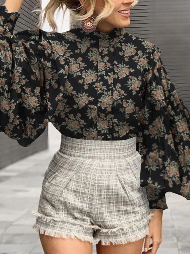 Chemise À Motif Floral Plissé À Manches Lanterne Pour Femmes