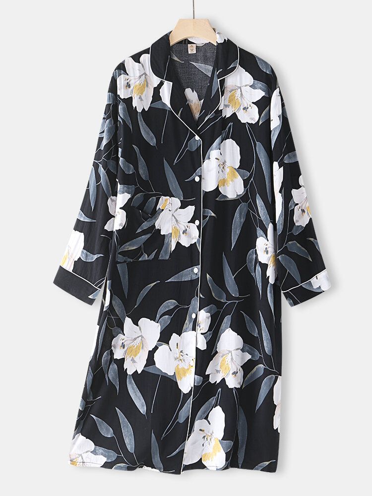 Chemise De Nuit Confortable À Manches Longues Et À Imprimé Floral Pour Femmes Avec Reliure Contrastée