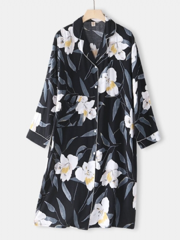 Chemise De Nuit Confortable À Manches Longues Et À Imprimé Floral Pour Femmes Avec Reliure Contrastée