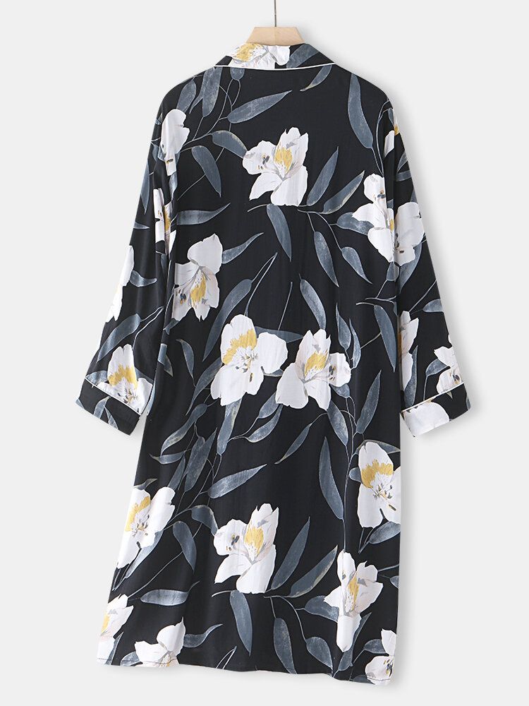 Chemise De Nuit Confortable À Manches Longues Et À Imprimé Floral Pour Femmes Avec Reliure Contrastée