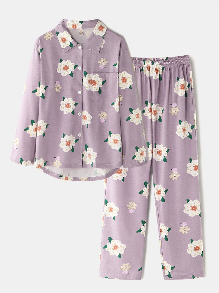 Chemise À Revers À Imprimé Floral Pour Femmes Taille Élastique Poche Pantalon Ample Maison Pyjama Ensemble Vêtements De Nuit