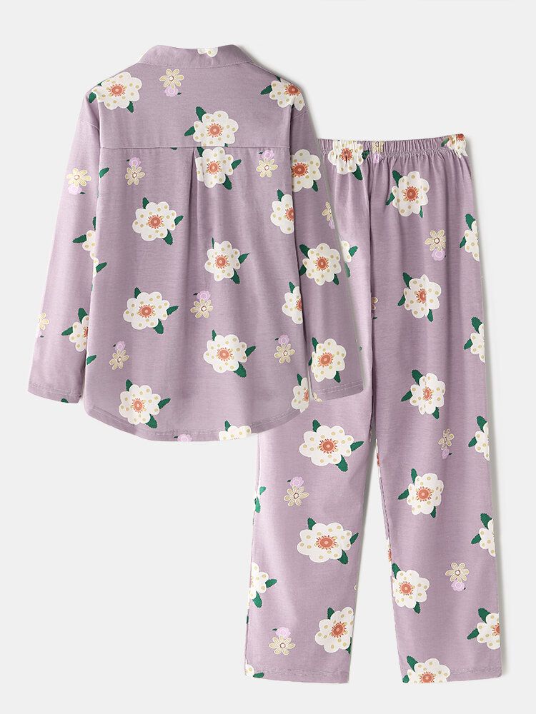 Chemise À Revers À Imprimé Floral Pour Femmes Taille Élastique Poche Pantalon Ample Maison Pyjama Ensemble Vêtements De Nuit