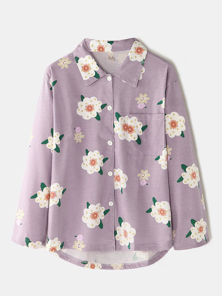 Chemise À Revers À Imprimé Floral Pour Femmes Taille Élastique Poche Pantalon Ample Maison Pyjama Ensemble Vêtements De Nuit