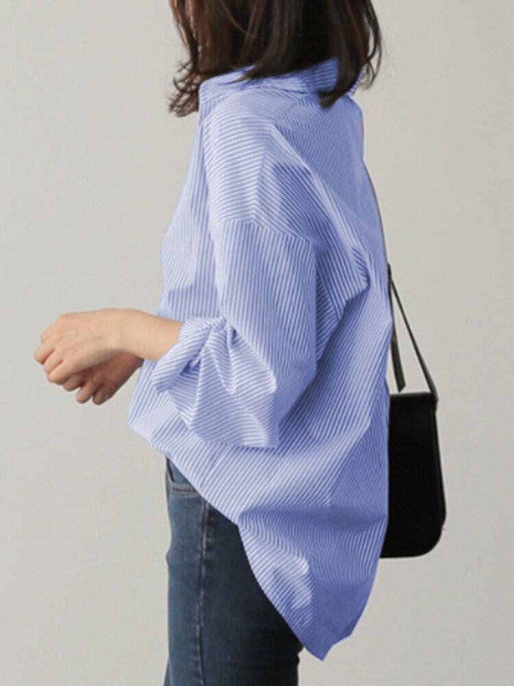 Chemise De Travail À Rayures Raglan À Col Rabattu Pour Femmes