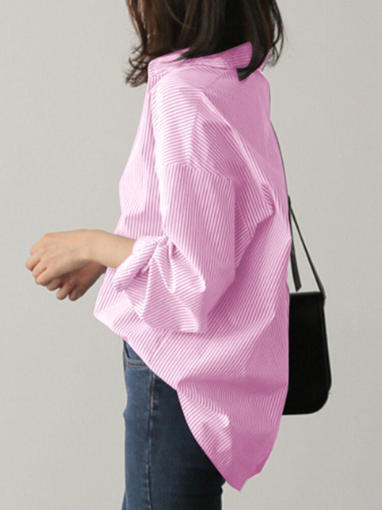 Chemise De Travail À Rayures Raglan À Col Rabattu Pour Femmes