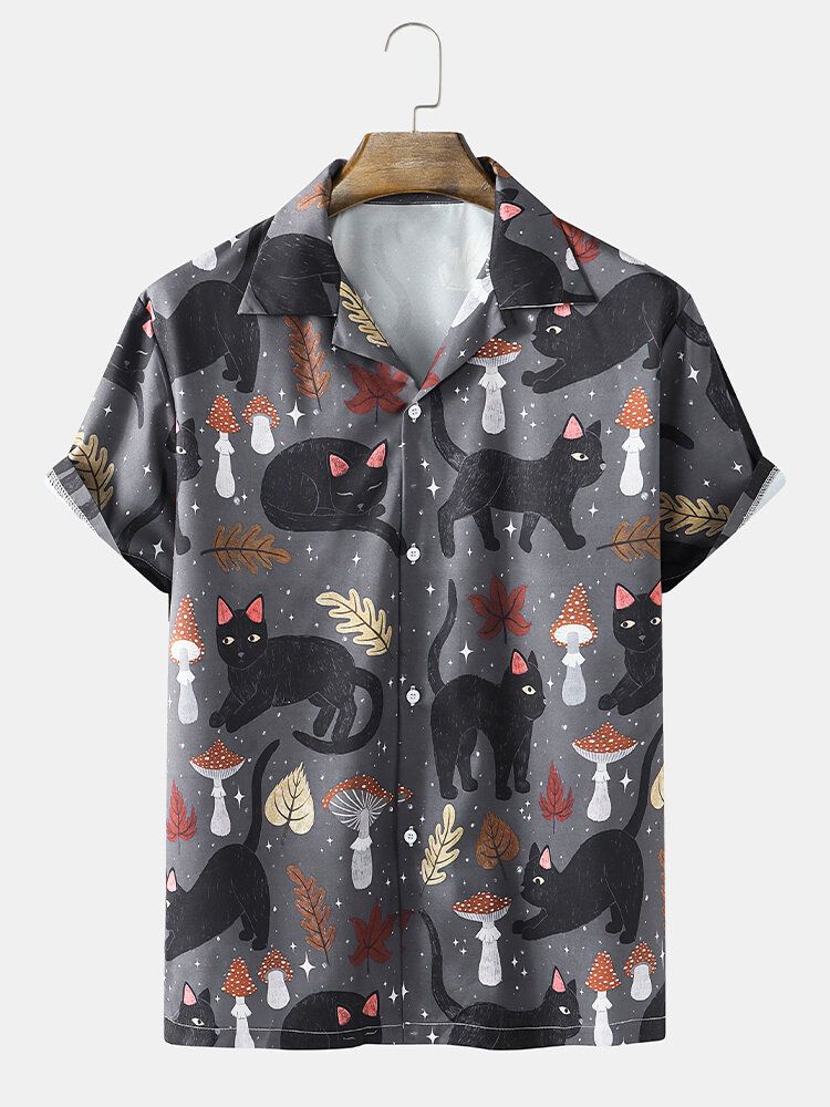 Chemises À Col À Revers Pour Hommes Street Cat Mushroom Print