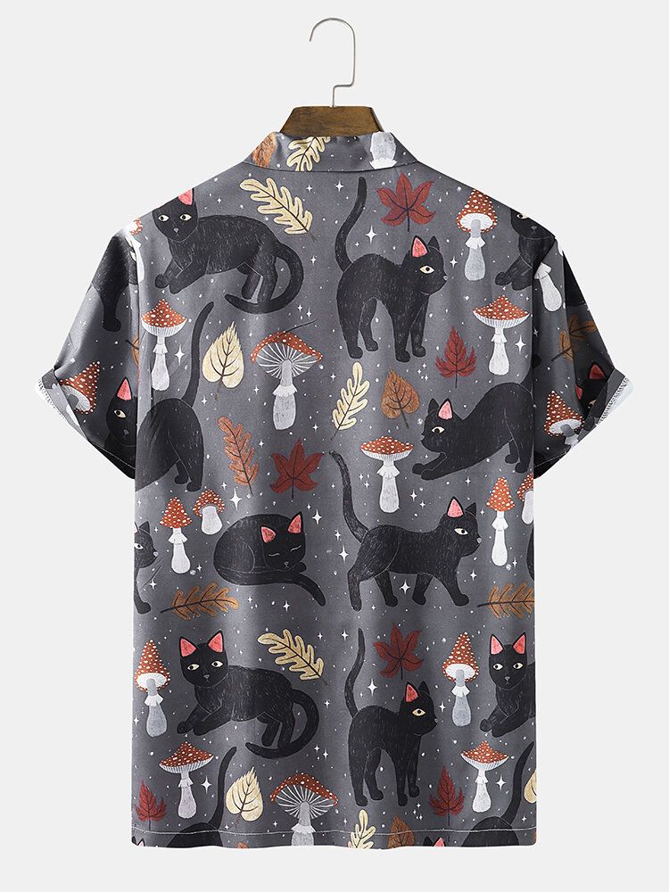 Chemises À Col À Revers Pour Hommes Street Cat Mushroom Print