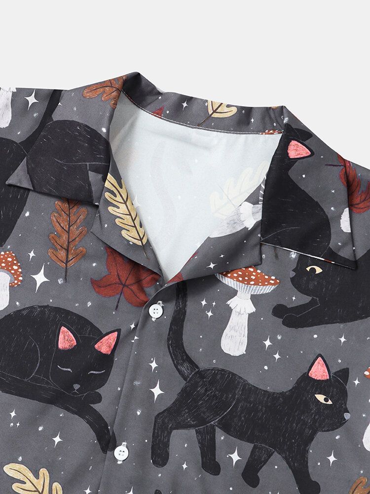 Chemises À Col À Revers Pour Hommes Street Cat Mushroom Print