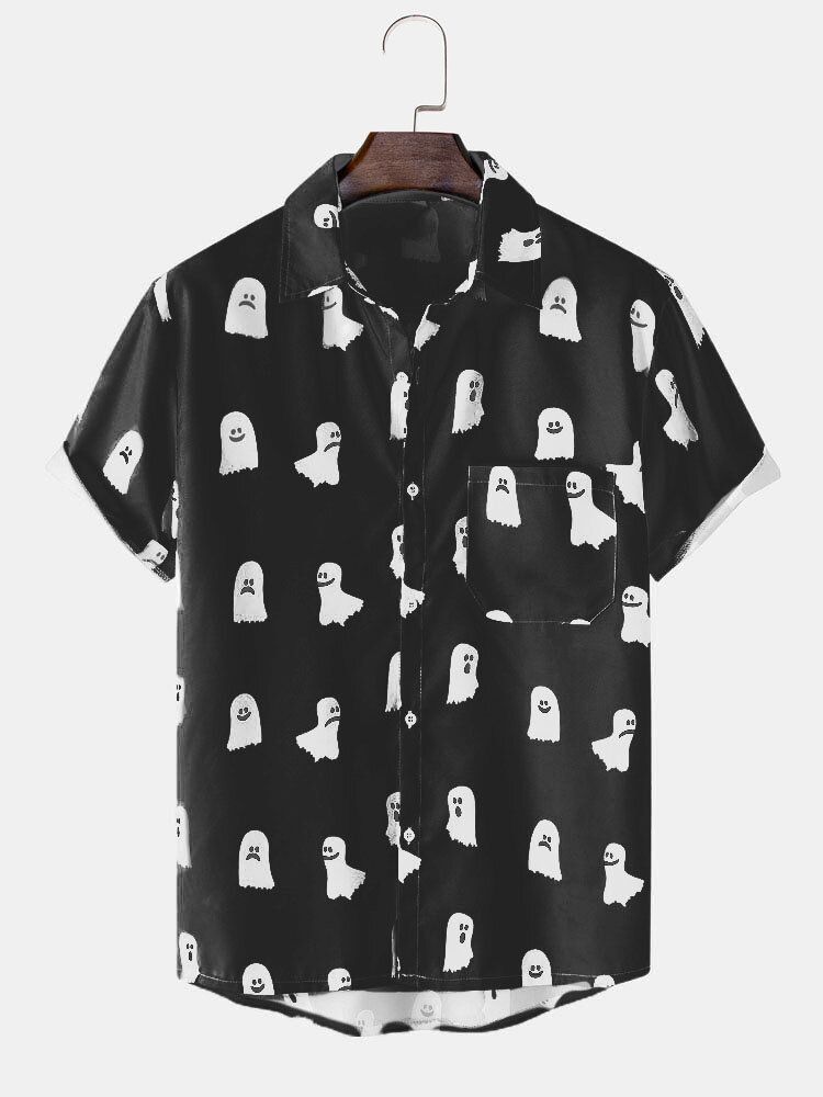 Chemises Décontractées À Manches Courtes Pour Hommes Halloween All Over Ghost Print Button