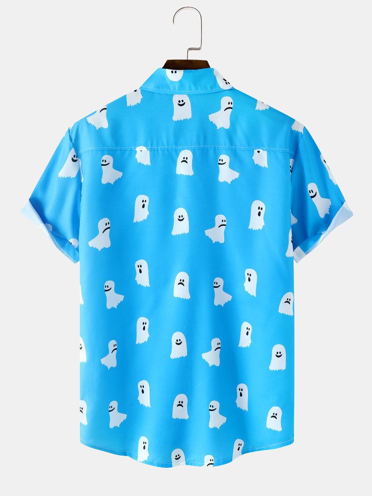 Chemises Décontractées À Manches Courtes Pour Hommes Halloween All Over Ghost Print Button