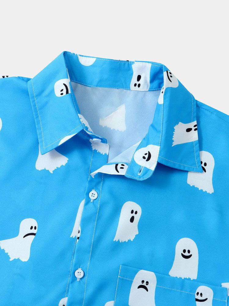 Chemises Décontractées À Manches Courtes Pour Hommes Halloween All Over Ghost Print Button