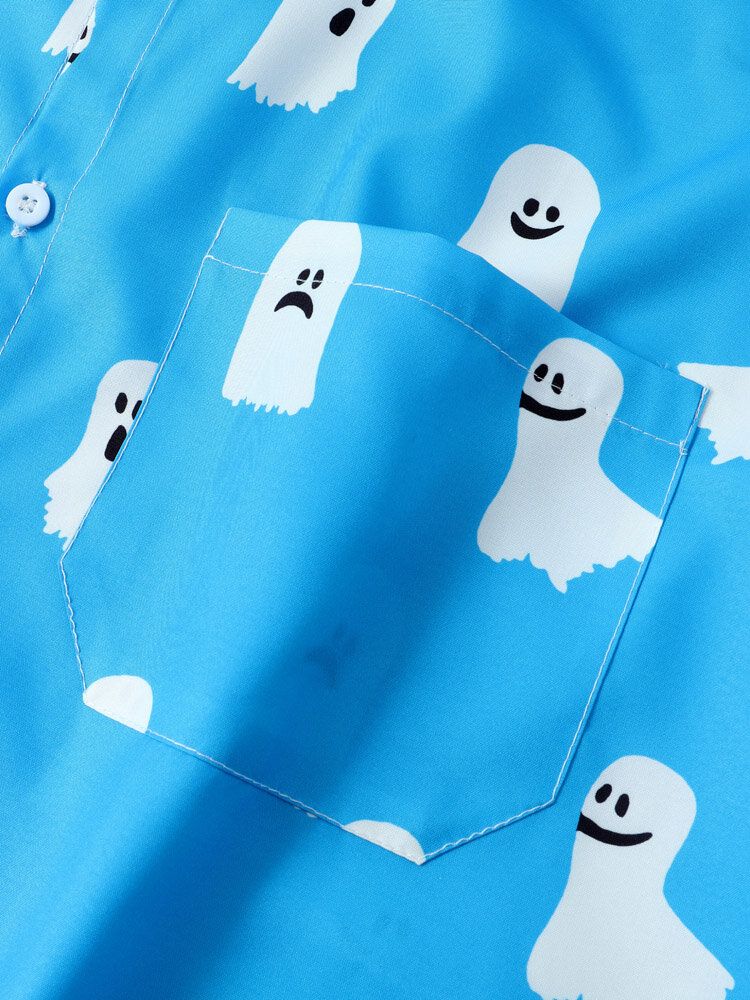 Chemises Décontractées À Manches Courtes Pour Hommes Halloween All Over Ghost Print Button