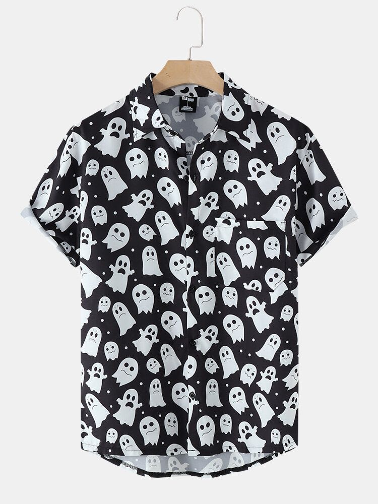 Chemises Décontractées À Poches Boutonnées Pour Hommes Halloween Allover Ghost Print