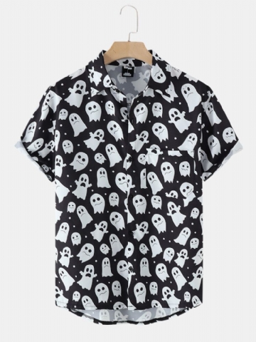 Chemises Décontractées À Poches Boutonnées Pour Hommes Halloween Allover Ghost Print