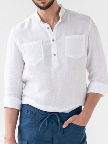 Chemises Henley 100% Coton À Double Poche De Couleur Unie Pour Hommes