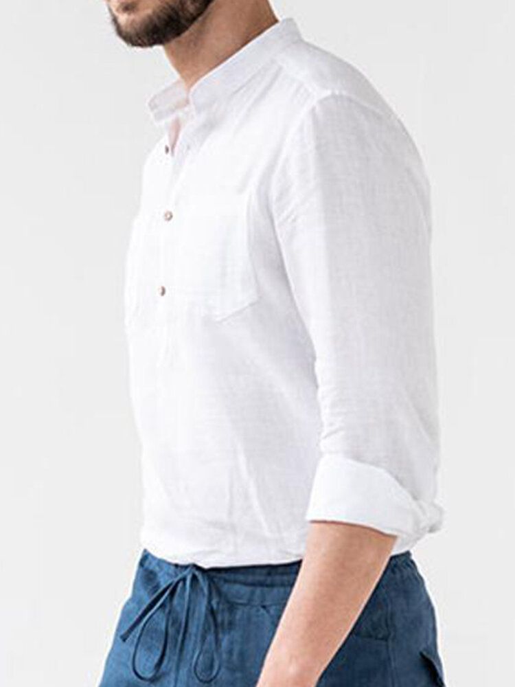 Chemises Henley 100% Coton À Double Poche De Couleur Unie Pour Hommes