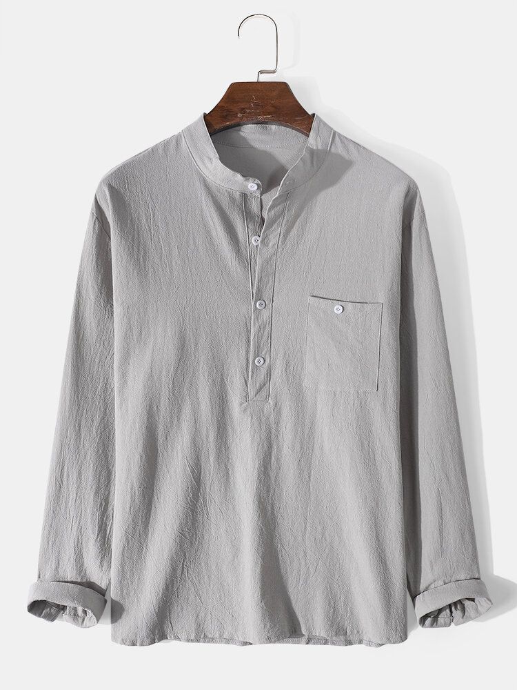 Chemises Henley En Coton À Manches Longues Et Col Montant Pour Hommes Avec Poche