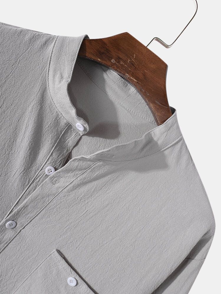 Chemises Henley En Coton À Manches Longues Et Col Montant Pour Hommes Avec Poche