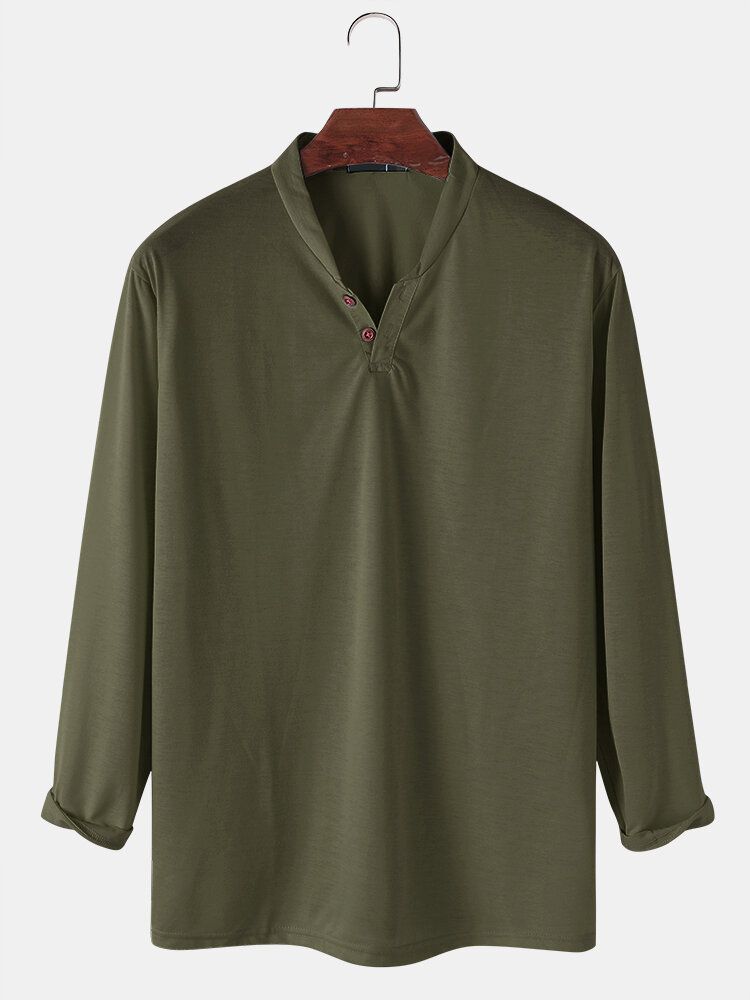 Chemises Henley Décontractées À Manches Longues Avec Boutons De Couleur Unie Pour Hommes