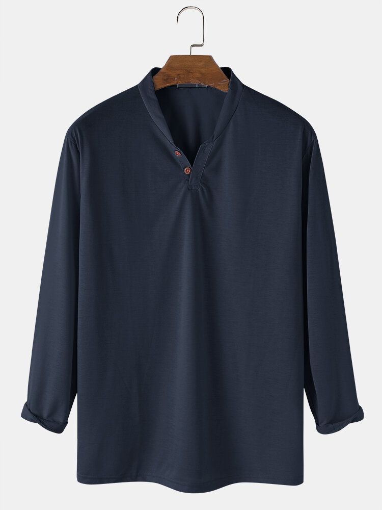 Chemises Henley Décontractées À Manches Longues Avec Boutons De Couleur Unie Pour Hommes