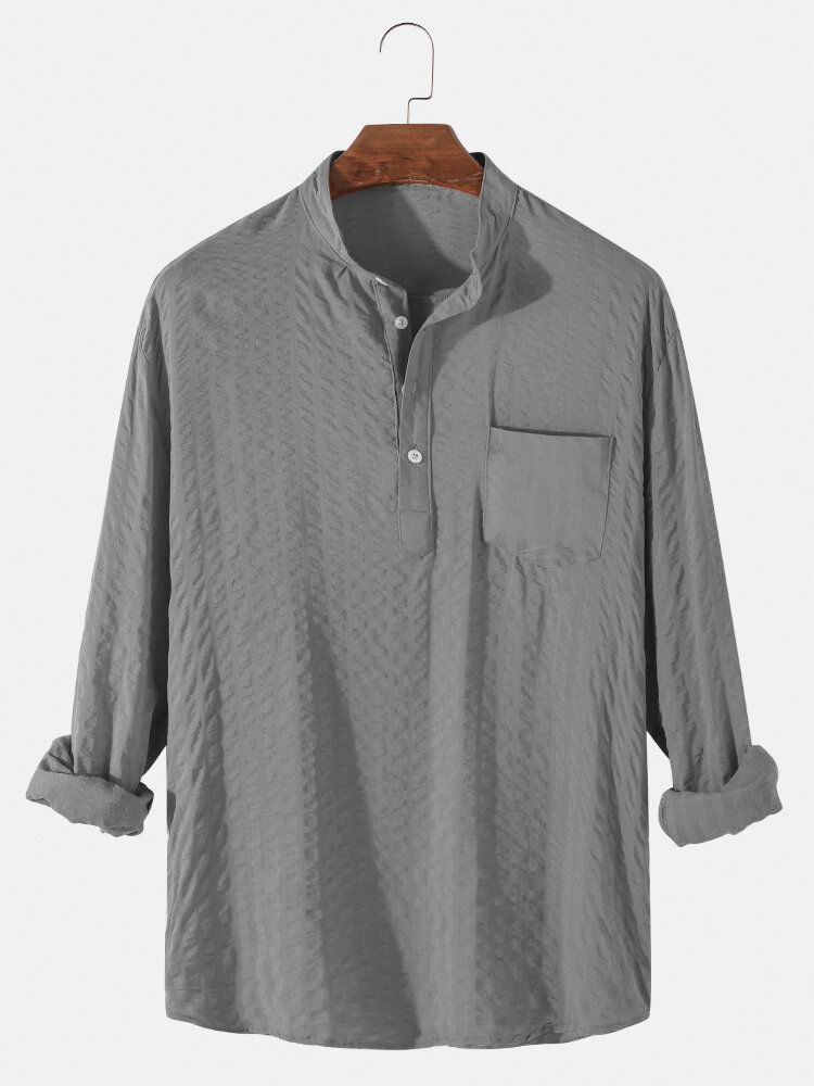 Chemises Henley Décontractées À Manches Longues Avec Texture De Couleur Unie Pour Hommes Avec Poche