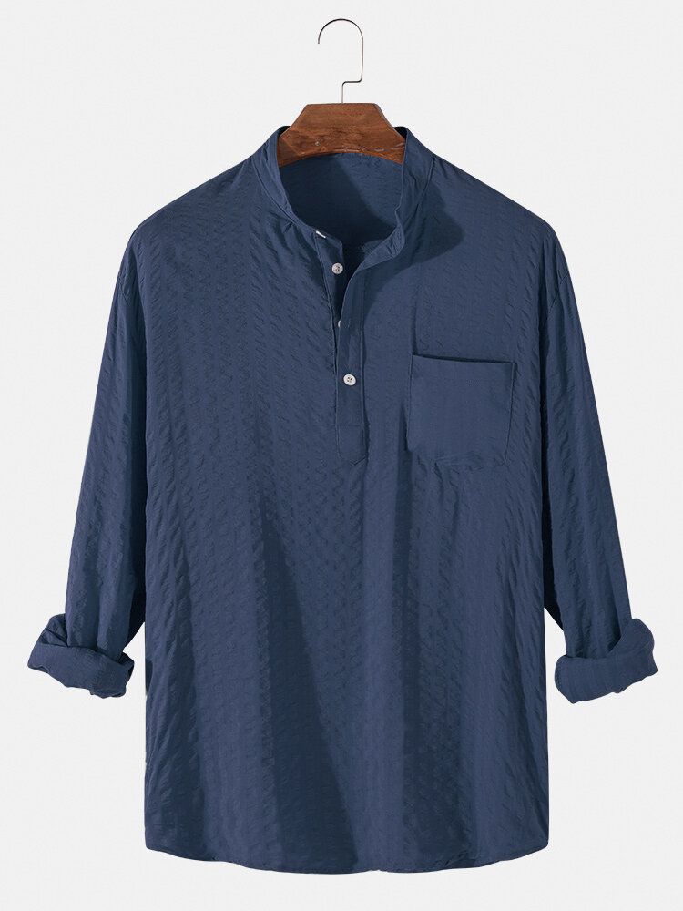 Chemises Henley Décontractées À Manches Longues Avec Texture De Couleur Unie Pour Hommes Avec Poche