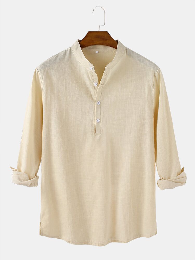 Chemises Henley Décontractées À Manches Longues En Coton Et Lin De Couleur Unie Pour Hommes