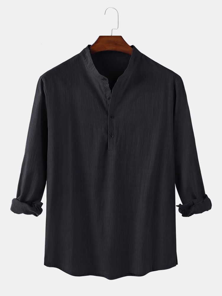 Chemises Henley Décontractées À Manches Longues En Coton Et Lin De Couleur Unie Pour Hommes