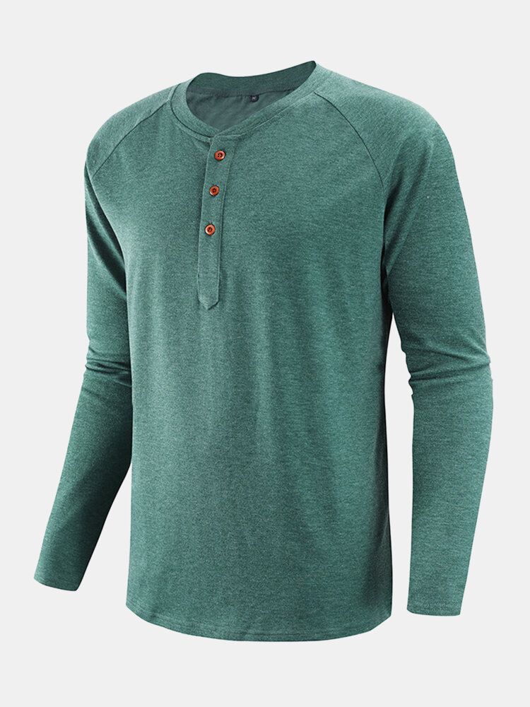 Chemises Henley Décontractées À Manches Raglan En Coton De Couleur Unie Pour Hommes