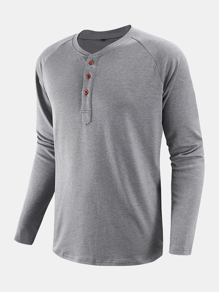 Chemises Henley Décontractées À Manches Raglan En Coton De Couleur Unie Pour Hommes