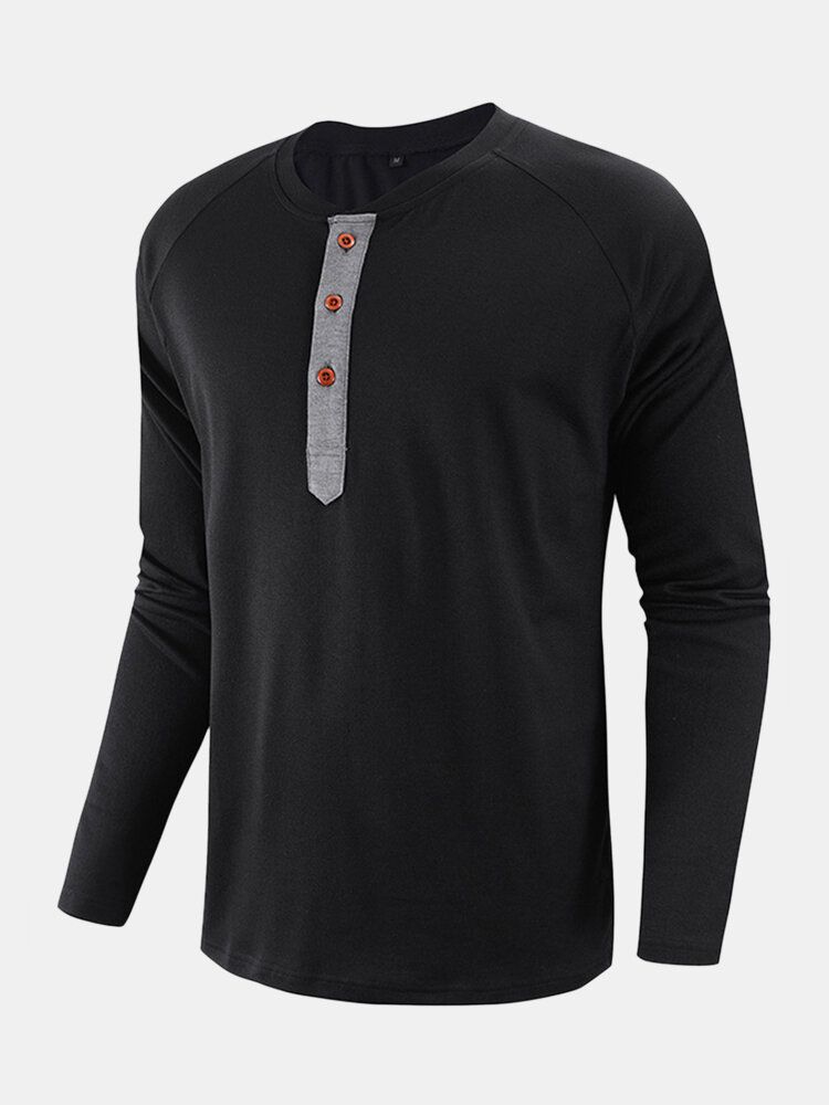 Chemises Henley Décontractées À Manches Raglan En Coton De Couleur Unie Pour Hommes