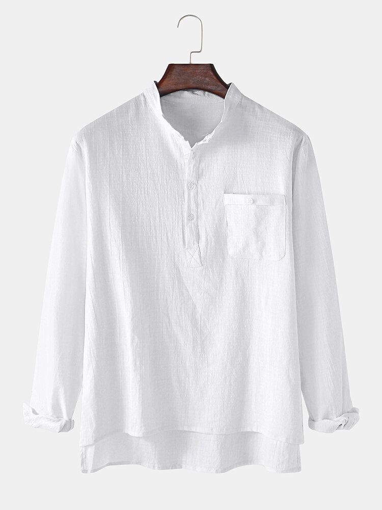 Chemises Henley À Manches Longues Avec Poche Poitrine En Lin Pour Hommes