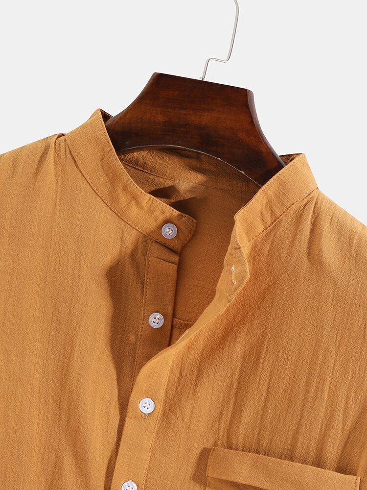 Chemises Henley À Manches Longues Décontractées Pour Hommes Avec Poche Poitrine De Couleur Unie