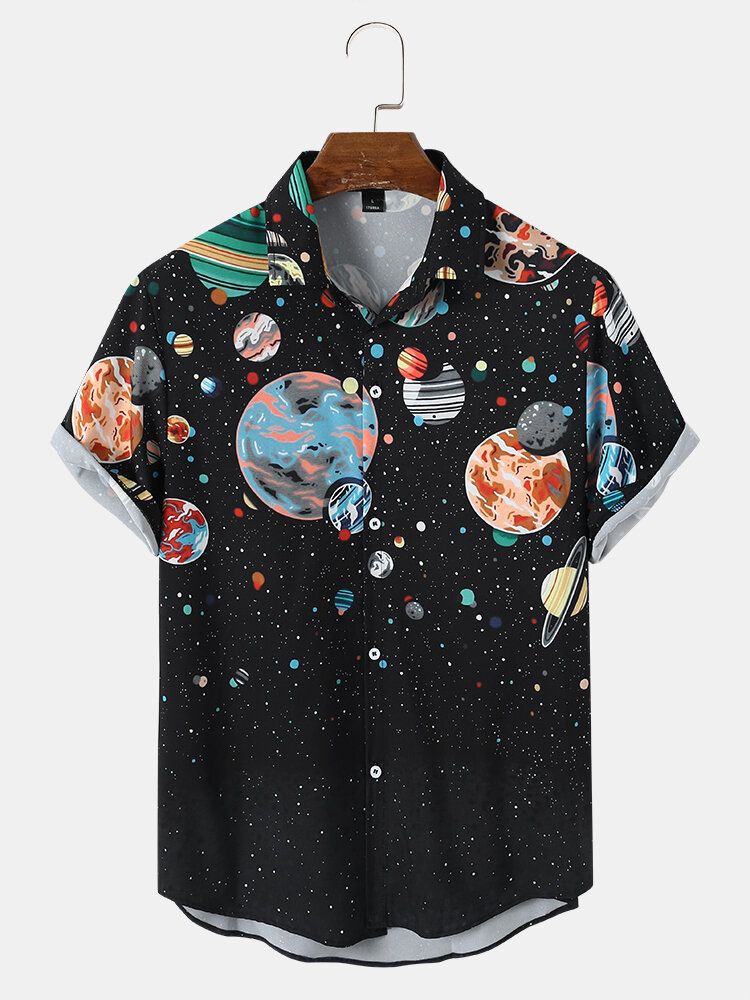 Chemises Homme Galaxy Planet Print Noir Revers