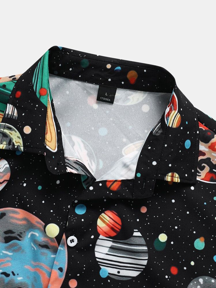 Chemises Homme Galaxy Planet Print Noir Revers