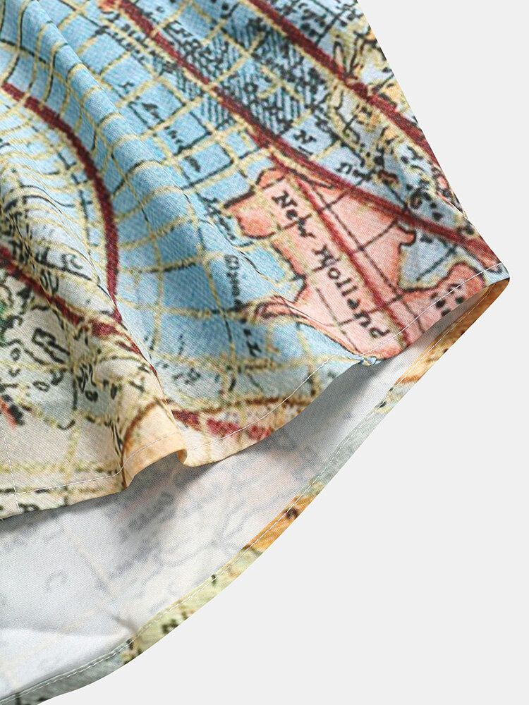 Chemises À Manches Courtes Boutonnées Pour Homme Avec Carte Du Monde Vintage