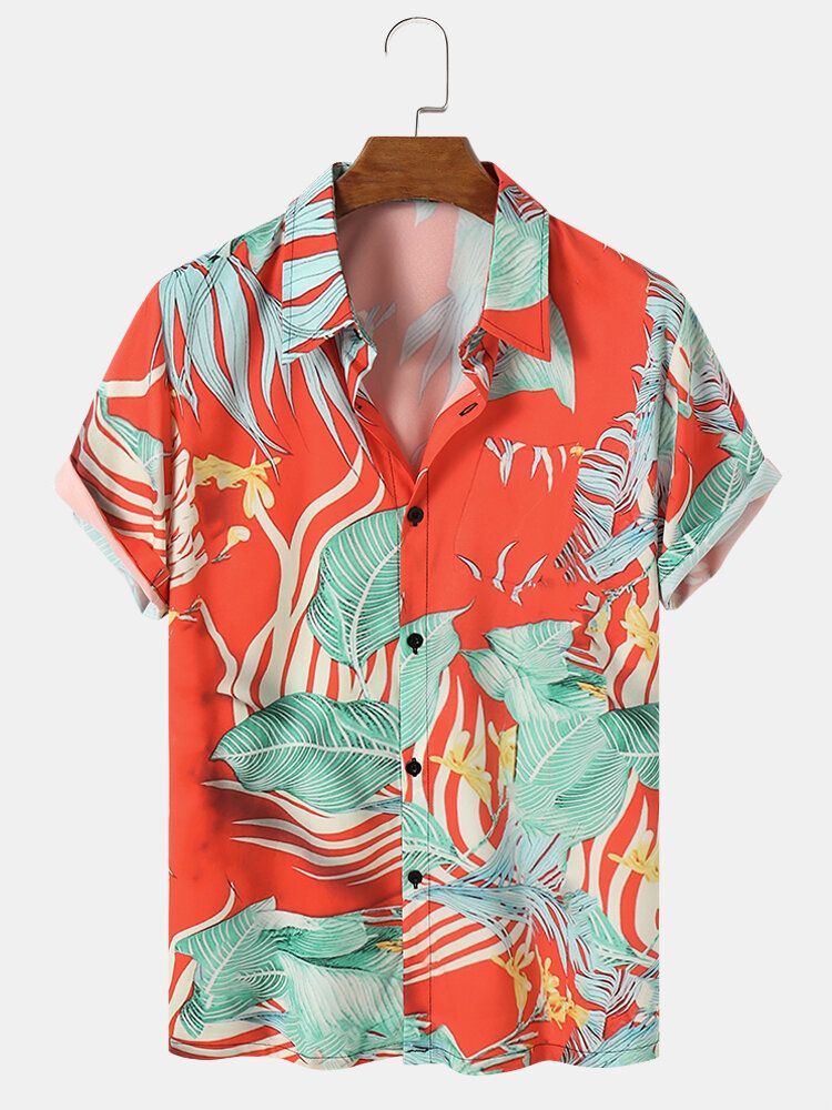 Chemises À Manches Courtes À Imprimé Feuilles Tropicales Pour Hommes