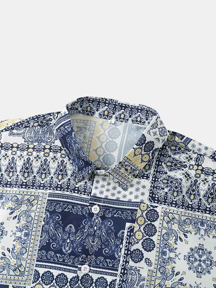 Chemises À Manches Courtes De Style Ethnique Pour Hommes Paisley Scarf Print Revers