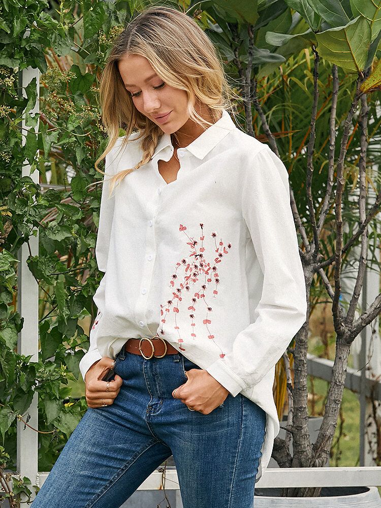 Chemisier Décontracté À Manches Longues Pour Femmes Avec Broderie Florale Et Revers