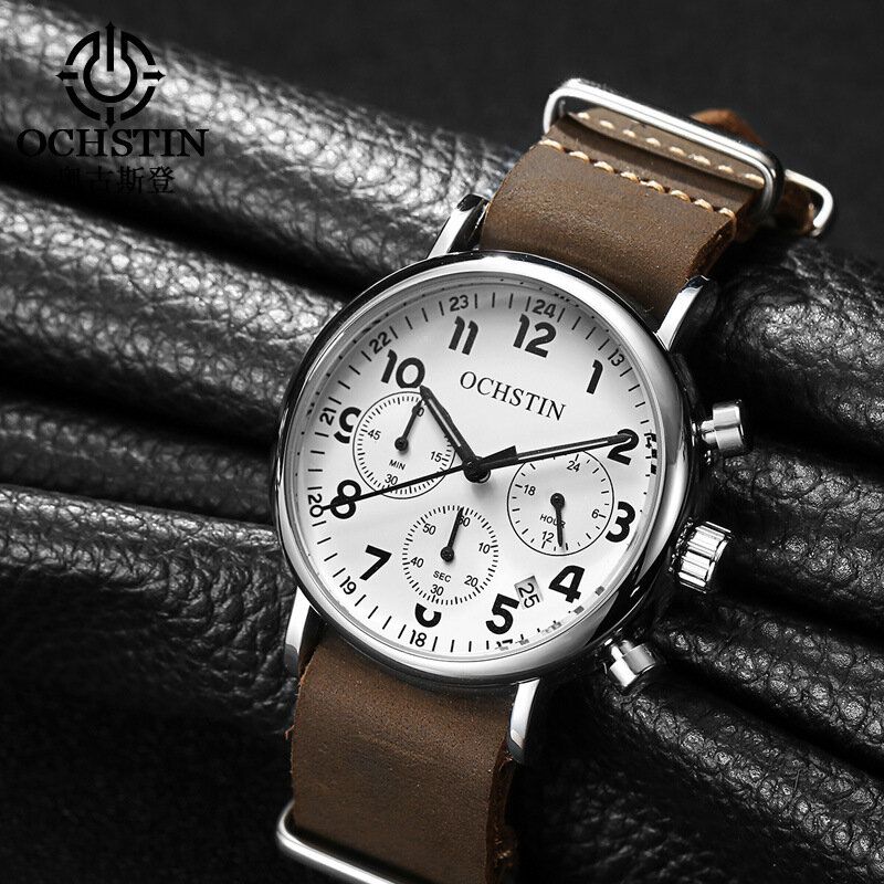 Chronographe Style Décontracté Hommes Montre-bracelet Bracelet En Cuir Véritable Montre À Quartz