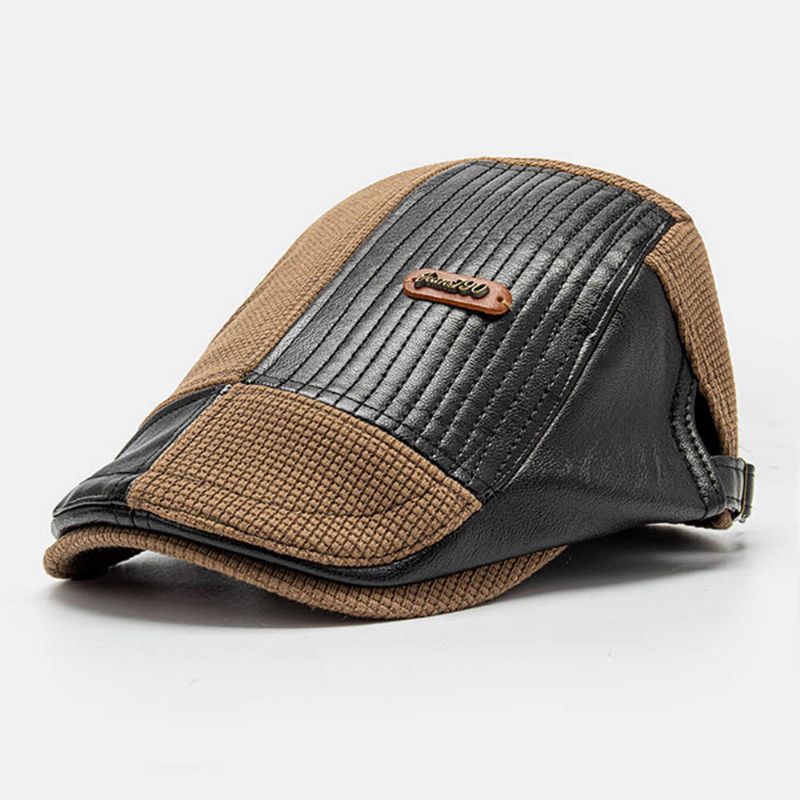 Collrown Hommes Cuir Étiquette Patch Béret Casquette Pu Tricoté Irrégulière Patchwork Réglable Casquette Plate