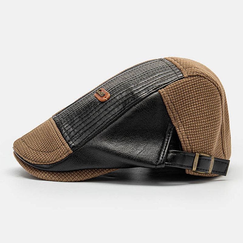 Collrown Hommes Cuir Étiquette Patch Béret Casquette Pu Tricoté Irrégulière Patchwork Réglable Casquette Plate