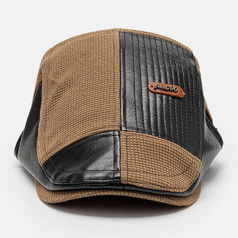 Collrown Hommes Cuir Étiquette Patch Béret Casquette Pu Tricoté Irrégulière Patchwork Réglable Casquette Plate