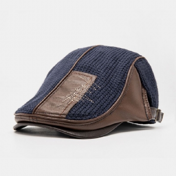 Collrown Hommes Point De Couture À La Main Motif Béret Casquette Pu Tricoté Irrégulière Patchwork Pare-soleil Casquette Plate