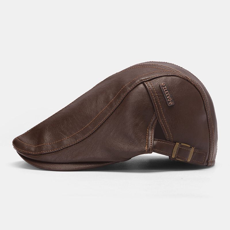 Collrown Hommes Point Lettre Étiquette Béret Casquette Rétro En Cuir Pu Automne Hiver Chaud Gavroche Casquette Casquette Plate