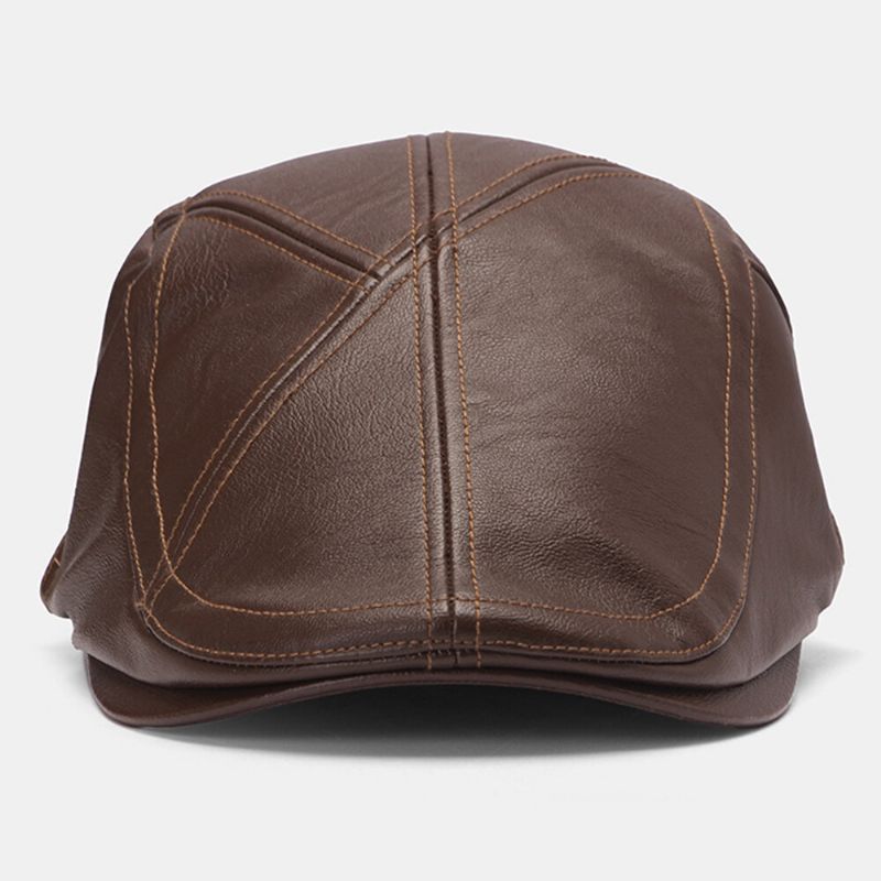 Collrown Hommes Point Lettre Étiquette Béret Casquette Rétro En Cuir Pu Automne Hiver Chaud Gavroche Casquette Casquette Plate