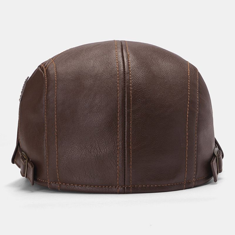 Collrown Hommes Point Lettre Étiquette Béret Casquette Rétro En Cuir Pu Automne Hiver Chaud Gavroche Casquette Casquette Plate